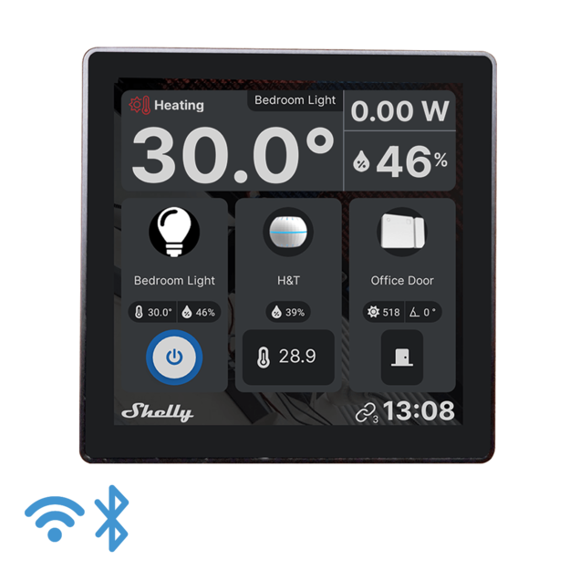 Shelly wall display smart control panel, 5 A integrated switch and color display, Embedded sensors for Temperature, Humidity & LUX, Easy navigation