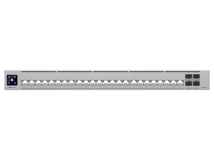 Ubiquiti UniFi 24 Port 2x 10Gbps 22x 2.5Gbps 4SFP+ Pro HD Switch, high-performance L3 Etherlighting switch, 1.3' touchscreen with AR | USW-Pro-HD-24