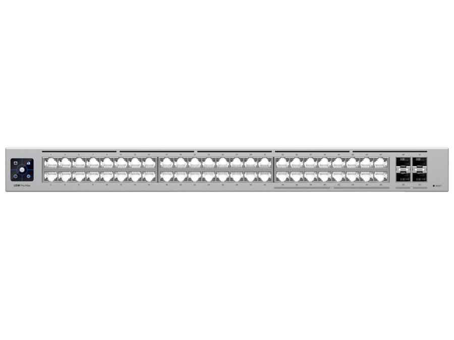 Ubiquiti UniFi Pro Max Switch 48 with 32 Gigabit 16x 2.5Gbps 4SFP+ features 32x Gigabit Ports, 16x 2.5Gbps ports 4x SFP+ uplink Ports | USW-Pro-Max-48