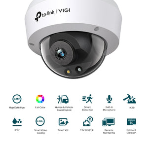 TP-Link VIGI 4MP Full-Color Dome Network Camera, IR/White Light, PoE/12V DC, 2.8 mm Fixed Lens, Built-In Microphone, micro-SD Slot, IK10, IP67