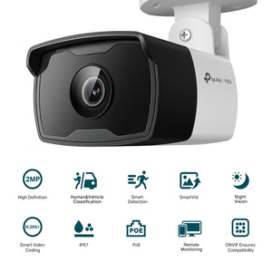 TP-Link VIGI 2MP Outdoor Bullet Network Camera,IR, PoE, 4 mm Fixed Lens, IP67, Human & Vehicle Classification, Only Human Classification On - C320I4MM