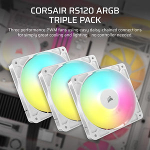 CORSAIR RS120 ARGB 120mm PWM Fans Triple Pack, Fan diameter: 12 cm, Noise level (high speed): 36 dB, Maximum airflow: 72.8 cfm, Product colour: White