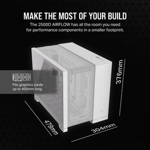 Corsair 2500D Airflow Micro ATX Dual Chamber PC Case, Midi Tower, PC CASE, White, ATX, 18 cm, 40 cm, Width: 304 mm, Depth: 469 mm, Height: 376 mm