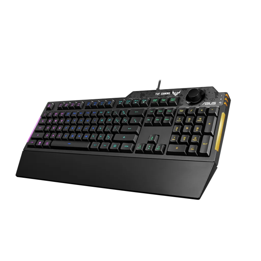 Asus TUF Gaming K1 RGB keyboard with dedicated volume knob, spill-resistance, side light bar and Armoury Crate, USB Wired, 19-key rollover, Wrist rest