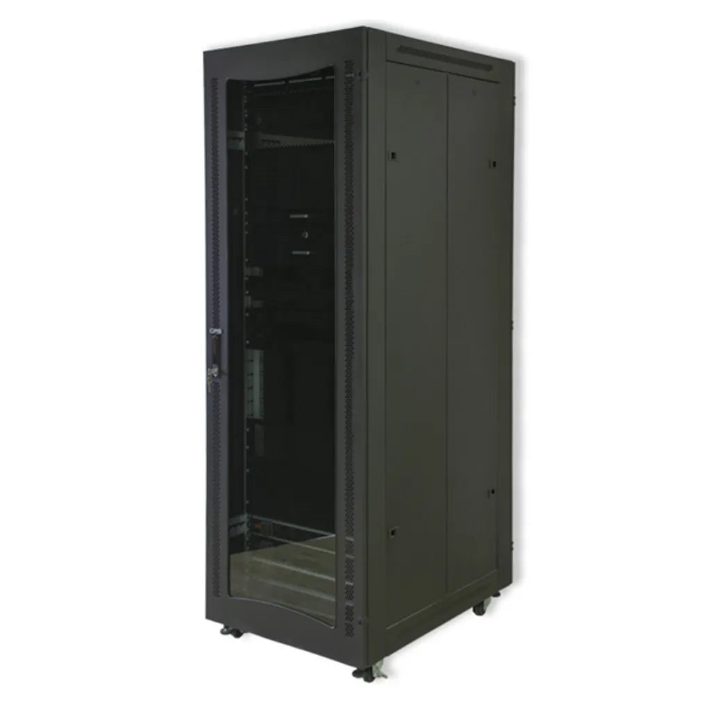 RCT 25U CP server/networking cabinet with 4x uprights, 4x feet included Glands + Screws; 600 × 1000 Perforater Door; Black, Server Cabinet