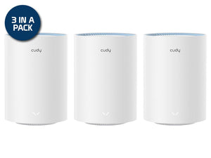 Cudy Dual Band AC 1200Mbps Fast Ethernet Mesh 3 Pack, featuring 2x 10/100 Ethernet Ports (Per Mesh Point), integrated antennas, PSU | M1200 (3-Pack)