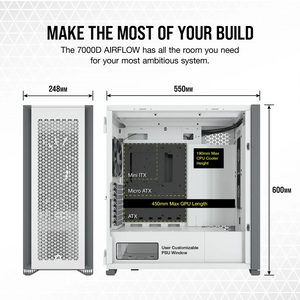 Corsair 7000D Airflow Tempered Glass Full Tower PC CASE, White - 6x3.5''; 4x2.5'' - Up to 420mm Liquid Cooler, ATX