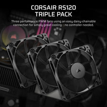 Load image into Gallery viewer, CORSAIR RS120 120mm PWM Fans Triple Pack, 2100 RPM, Noise level (low speed): 10 dB, Noise level (high speed): 36 dB, Maximum airflow: 72.8 cfm
