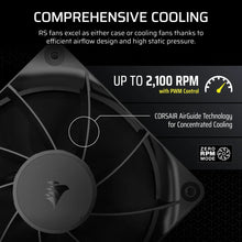 Load image into Gallery viewer, CORSAIR RS120 120mm PWM Fans Triple Pack, 2100 RPM, Noise level (low speed): 10 dB, Noise level (high speed): 36 dB, Maximum airflow: 72.8 cfm
