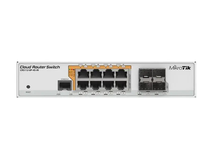 MikroTik CRS112-8P-4S-IN PoE Cloud Router Switch, with 8x Gigabit 802.3af/at or 24V passive PoE out ports, 4x SFP ports, incl 24V PSU/optional 48V PSU