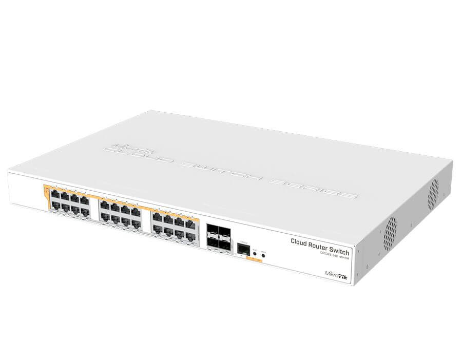 MikroTik CRS328-24P-4S+RM 24 port 500W PoE Cloud Router Switch, with 24 Gigabit 802.3af/at or 24V Passive PoE ports, 4x SFP+ ports, Dual boot SwOS/ROS