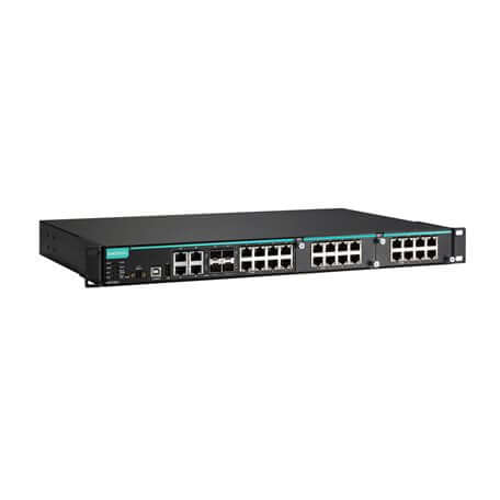 MOXA Modular managed Ethernet switch with 8 10/100BaseT(X) ports, 4 10/100/1000BaseT(X) or 100/1000BaseSFP IKS-6728A-4GTXSFP-HV-HV-T