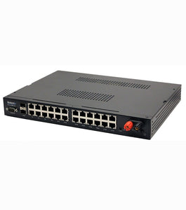 Netonix 24 Port Managed 400W Passive DC POE Switch + 2 SFP Uplink Ports, featuring Smart DC power supply 32V to 72V DC variable input, 24V and 48V POE