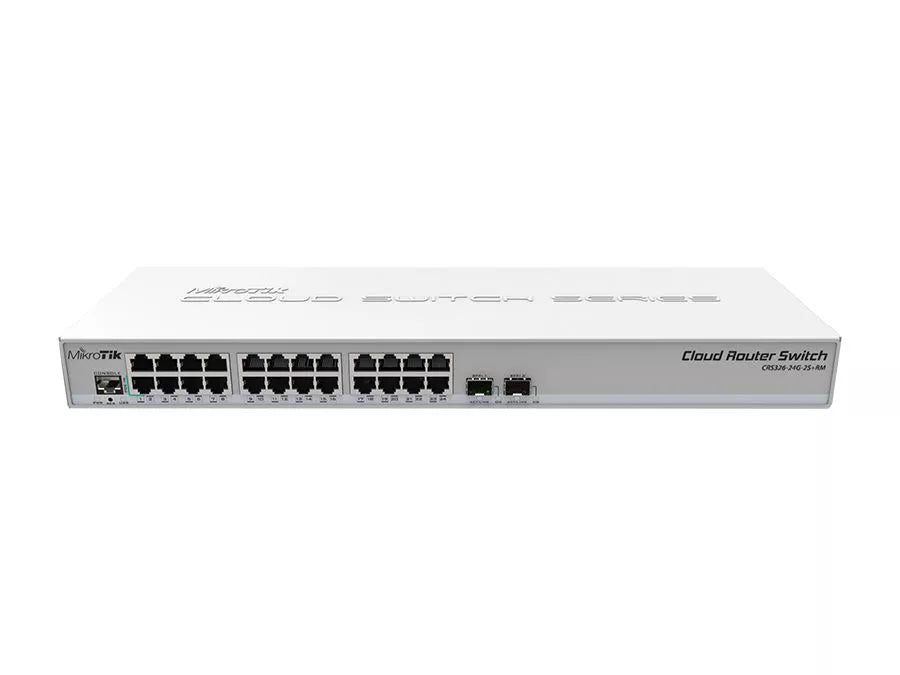 Mikrotik Cloud Router Switch CRS326-24G-2S+RM with 2x 40G QSFP+ cages, 24 10G SFP+ cages, 1x LAN port for management, RouterOS L5/SwitchOS dual boot