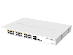 MikroTik 24 Port Gbit Ethernet Router/Switch With 4 x 10Gbps SFP+ Ports, 24x Gigabit 802.3af/at or 24V Passive PoE ports, 4 SFP+ ports, Dual boot SwOS