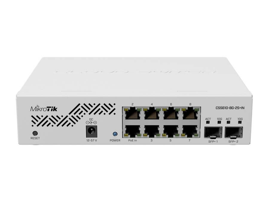 MikroTik CSS610-8G-2S+IN Cloud Smart Switch, 8x 1Gb Ethernet ports, 2x SFP+ ports for 10G fiber connectivity, PSU, Rack Mount, SwOS, RBCSS610-8G-2S+IN