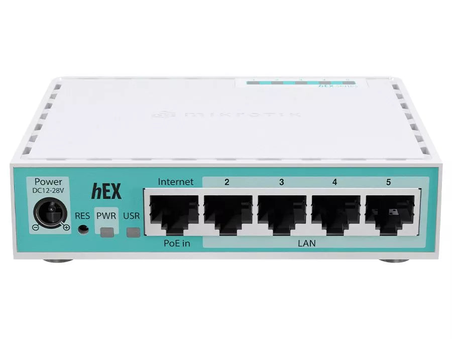 MikroTik hEX 5 Port Gigabit Desktop Router with Dual Core 950MHz CPU, 512MB RAM, 5 x Gigabit LAN ports, USB, RouterOS v7 L4, plastic case, PSU, E50UG