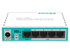 MikroTik hEX Lite 5 Port Ethernet Desktop Router - Compact Design - RouterOS L4 - 5x 10/100 Ethernet Ports, 1 Core 850MHz, QCA9533 Processor | RB750r2