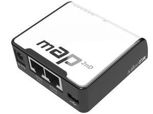 MikroTik mAP 2nD - 2.4GHz mini Indoor AP/CPE, with 650MHz CPU, 64MB RAM, 802.11b/g/n dual chain, 2 x 10/100 LAN, RouterOS L4, PoE in/out, 1.2 dBi gain