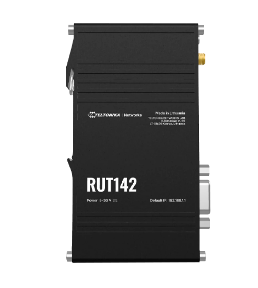 Teltonika RUT142 Ethernet + WiFi + RS232 Router, 2 x 10/100 Mbps Ethernet ports, Wi-Fi 4, Integrated DIN rail bracket and 3-pin power connector