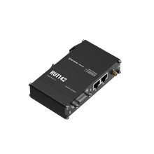 Load image into Gallery viewer, Teltonika RUT142 Ethernet + WiFi + RS232 Router, 2 x 10/100 Mbps Ethernet ports, Wi-Fi 4, Integrated DIN rail bracket and 3-pin power connector
