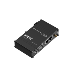 Teltonika RUT142 Ethernet + WiFi + RS232 Router, 2 x 10/100 Mbps Ethernet ports, Wi-Fi 4, Integrated DIN rail bracket and 3-pin power connector