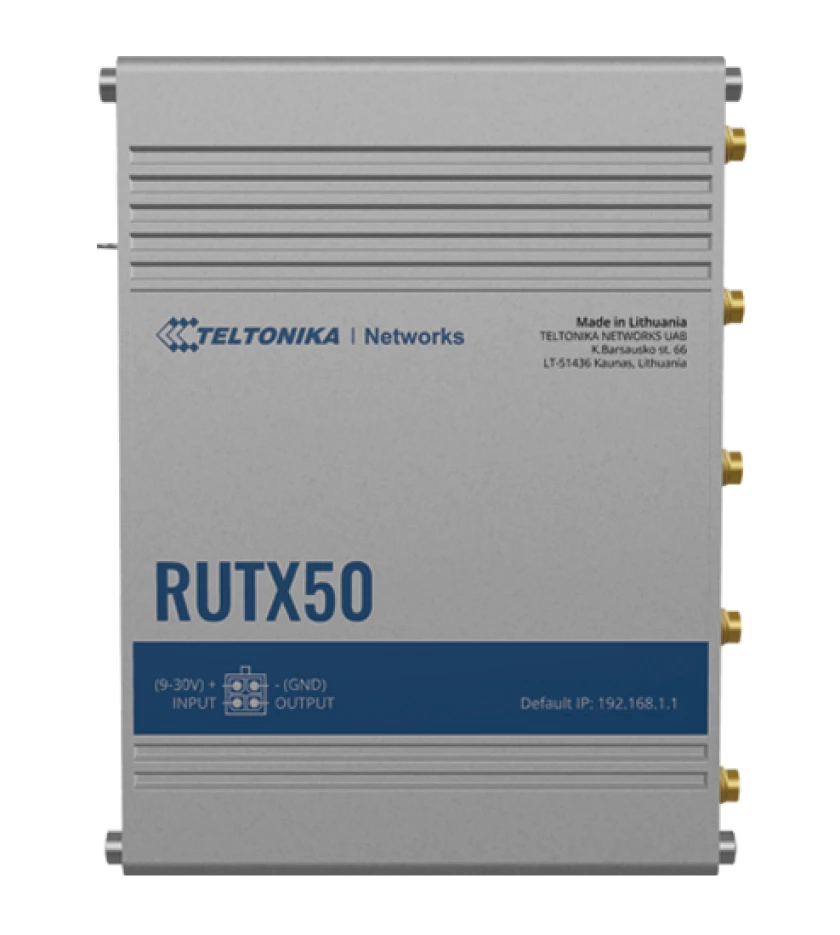 Teltonika RUTX50 5G Industrial Router, Dual-SIM, WiFi 5, 4x4 MIMO, 1 x WAN(1 Gbps), 4x LAN(1 Gbps), MQTT, MoDBUS TCP/USB, GNSS, 1x I/O In, 1 x I/O Out