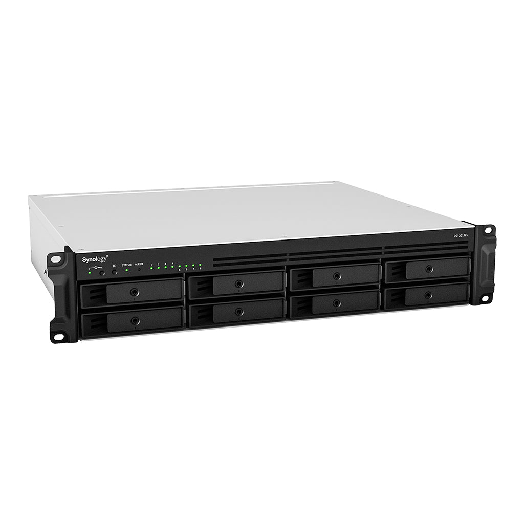 Synology RS1221+ RackStation 8-bay (up to 12-bay); AMD Ryzen V1500B 2.4Ghz; 4GB RAM (Up to 32GB); 4 x GbE LAN; 2x USB3.2; 1x eSATA