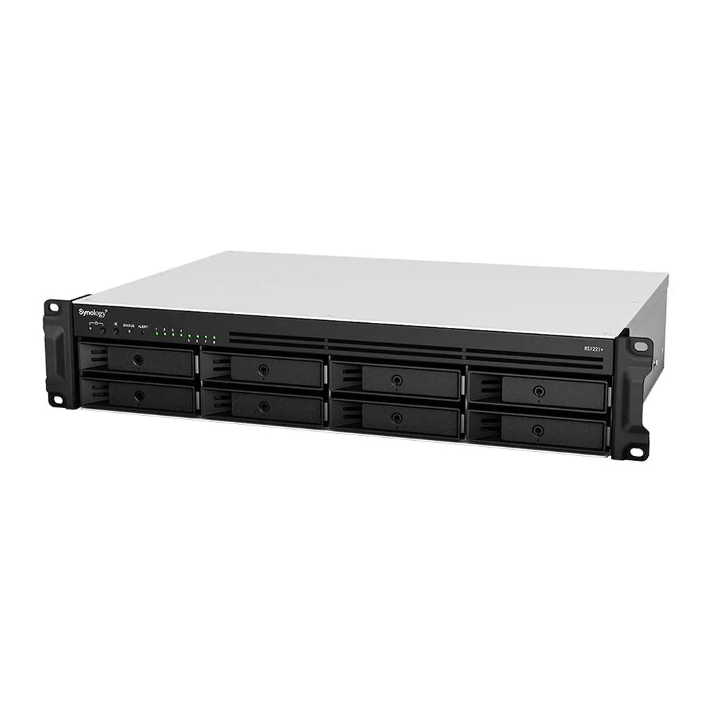 Synology RS1221RP+ RackStation 8-bay (up to 12-bay); AMD Ryzen V1500B 2.4Ghz; 4GB RAM (Up to 32GB); 4 x GbE LAN; 2x USB3.2; 1x eSATA