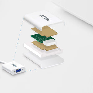 ATEN VC925, Connector 1: DisplayPort, Connector 2: VGA(D-Sub), Connector 1 gender: Male, Weight 40g, Width 45mm, Depth 180mm, Quantity per pack 1pc(s)