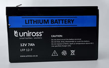 Load image into Gallery viewer, Uniross Lithium Battery 12V 7Ah Li-FePO4, Charge @ 1.5A (Max 7.5A), Discharge @ 7.5A (Max 15A/3sec), IP56 Rated, Power Backup, Battery Backup Systems
