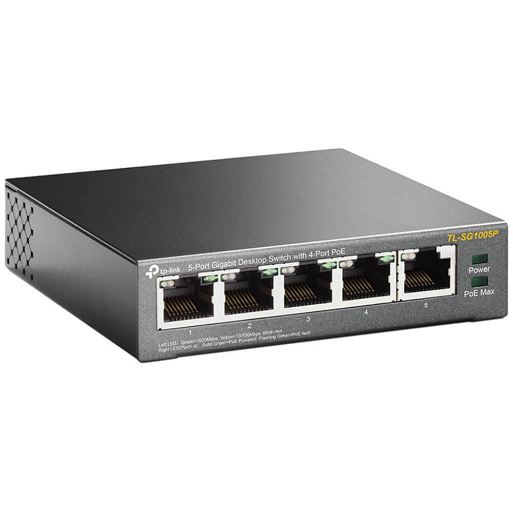 TP-Link 5 Port 10/100 PoE Desktop Switch - 5 x 10/100Mbps RJ45 FE ports (4 x PoE ports) - Supports PoE Power up to 58W, for all PoE ports - TP-SF1005P