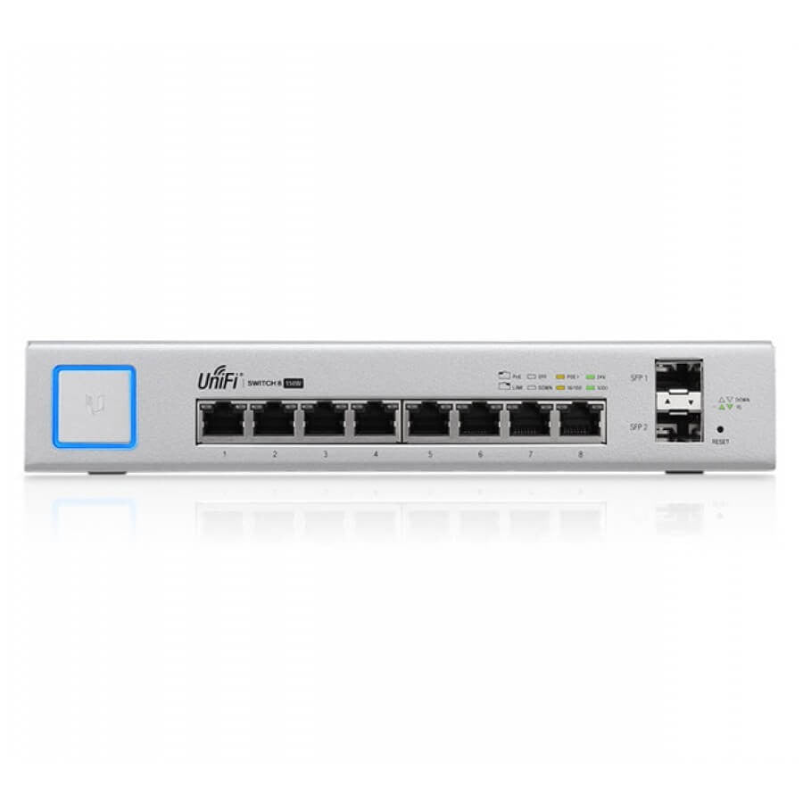 Ubiquiti UniFi - Switch, 8x Gigabit RJ45 Ports, 2x SFP Ports, 150W; Supports PoE+ IEEE 802.3at/af (48V) and 24V Passive PoE output