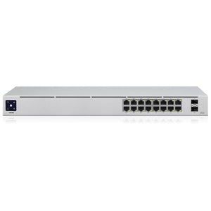 Ubiquiti UniFi 16-port Switch Gen2, features 8x PoE ports, 42W, 1.3-inch touch LCM, 8x 802.3at PoE+ ports, and 2x SFP ports - rackmounted or desktop