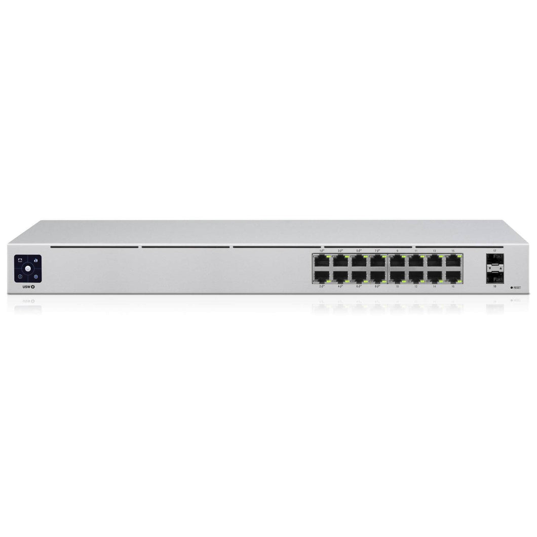 Ubiquiti UniFi 16-port Switch Gen2, features 8x PoE ports, 42W, 1.3-inch touch LCM, 8x 802.3at PoE+ ports, and 2x SFP ports - rackmounted or desktop