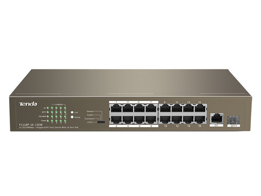 Tenda 16-Port Ethernet Switch with 16-Port PoE, Desktop, 10/100Mbps, 16 port PoE, 30W per port, 1x1Gbps, 1xSFP uplink port 220V PSU | TEF1118P-16-150W