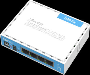 MikroTik hAP lite 2.4GHz desktop Wi-Fi Router -  650MHz CPU, 32 MB RAM, 802.11b/g/n dual chain, 4x 10/100 LAN, RouterOS L4, 1.5dBi gain, 5V, Mountable