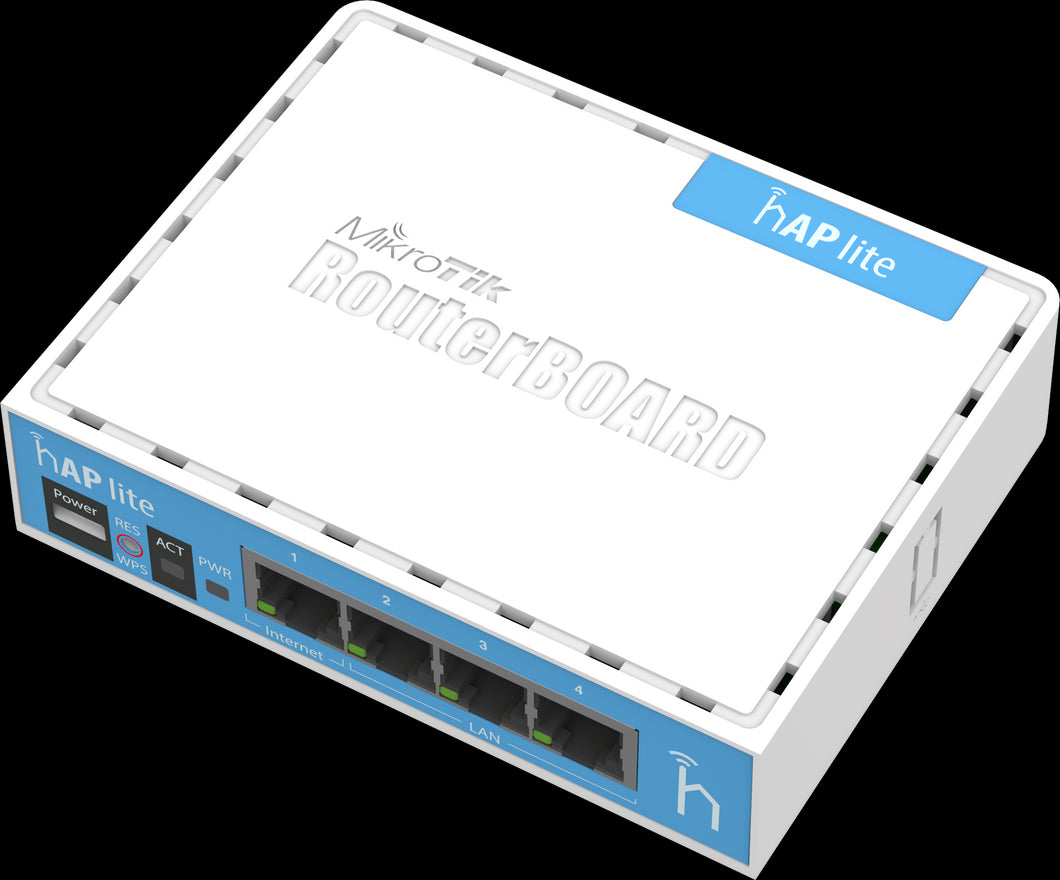 MikroTik hAP lite 2.4GHz desktop Wi-Fi Router -  650MHz CPU, 32 MB RAM, 802.11b/g/n dual chain, 4x 10/100 LAN, RouterOS L4, 1.5dBi gain, 5V, Mountable