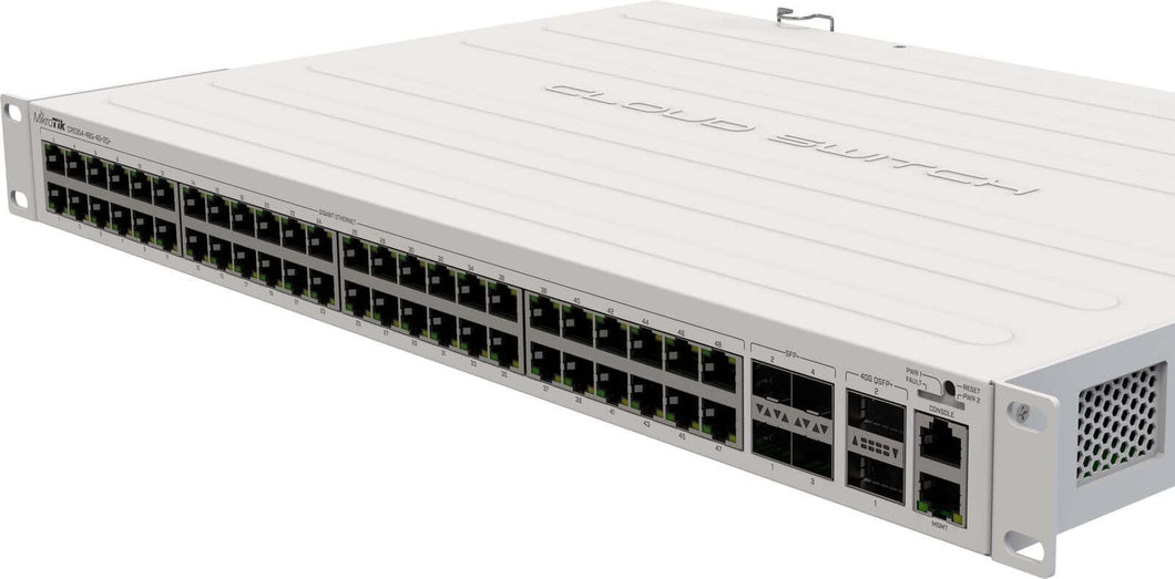 MikroTik CRS354-48P-4S+2Q+RM Cloud Router Switch, with 750W, 48 POE 1Gb, 4xSFP+, 2xQSFP+, 802.3af/at; 24V passive POE, 650Mhz CPU, 64MB RAM, PSU, POE+