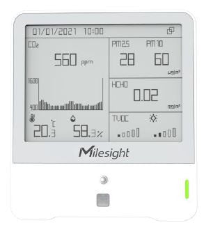 Milesight Indoor Ambience Monitor - Temp, Humidity, PIR, Light, TVOC, CO2, HCHO, Barometric, Pm2.5 & Pm10, 5V/1A by Type-C Port, IP30, 4.2-inch, Black