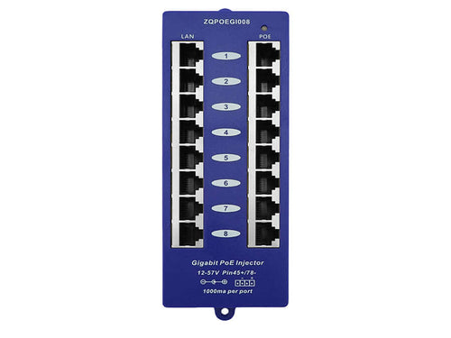 Gigabit 8 Port Passive PoE Injector, Ethernet Ports 16x 10/100/1000 (8x PoE; 8x Ethernet) Max. Current Per Port: 1000mA, Voltage Range 12-57V | POE-8G - Let's Fibre Technologies 