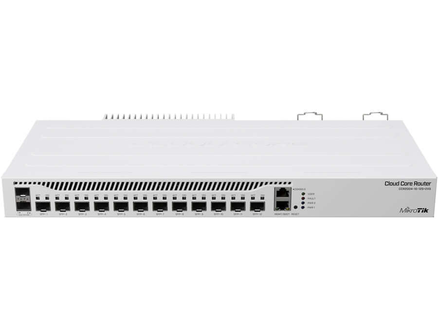 MikroTik Cloud Core 12 Port SFP+ 2 SFP28 4 Core Router, with 1xRJ45 Serial Port, Power Input 2x IEC Power Cord (Included) 100V-24 | CCR2004-1G-12S+2XS