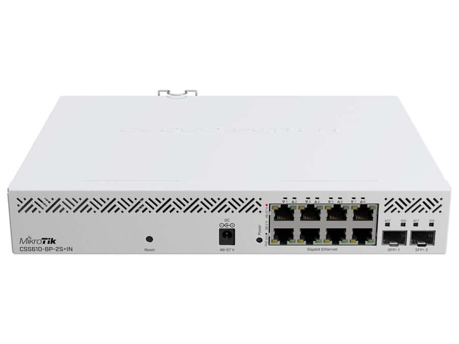 MikroTik SwoS Cloud Switch 8 Port PoE 2 SFP+, with SwOS, Rack-Mount, 1x IEC Power Cable (Included) or 48-57V Power Supply (Not Included) | CSS60-8P-2S