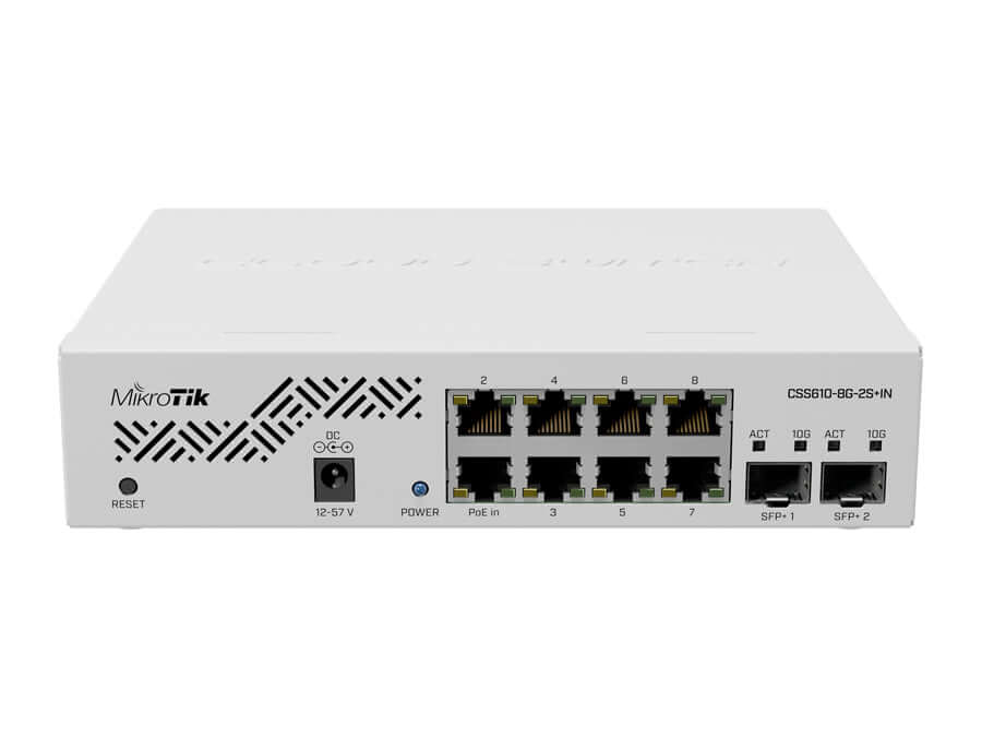 MikroTik SwOS Cloud Switch 8 Port Gigabit 2SFP+ PoE Input, with 12V-57V (Passive PoE) PoE In, Rack-Mount, includes 0.8A Power Supply | CSS610-8G-2S+IN