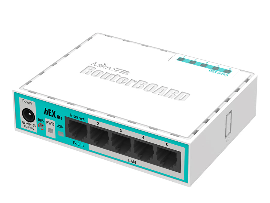 MikroTik hEX Lite 5 Port Ethernet Desktop Router - Compact Design - RouterOS L4 - 5x 10/100 Ethernet Ports, 1 Core 850MHz, QCA9533 Processor | RB750r2