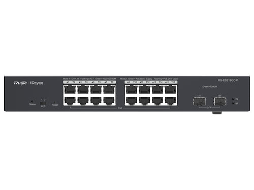 Reyee 16 Port Gigabit PoE 240W 2SFP Layer 2 Smart Switch, 16x 802.3af/at PoE ports & 2x 1.25Gbps SFP uplink ports, 1x IEC Power Cord | RG-ES218GC-P - Let's Fibre Technologies 