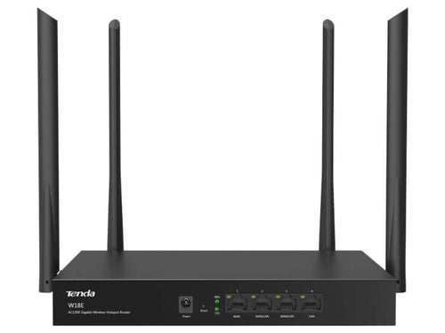 4 Port Tenda Dual Band AC 5dBi Gigabit WAN Hotspot Router | W18E Data Rate: 2.4GHz: 300Mbps 5.8GHz: 867Mbps Ethernet Ports: 4x 10/100/1000 - Let's Fibre Technologies